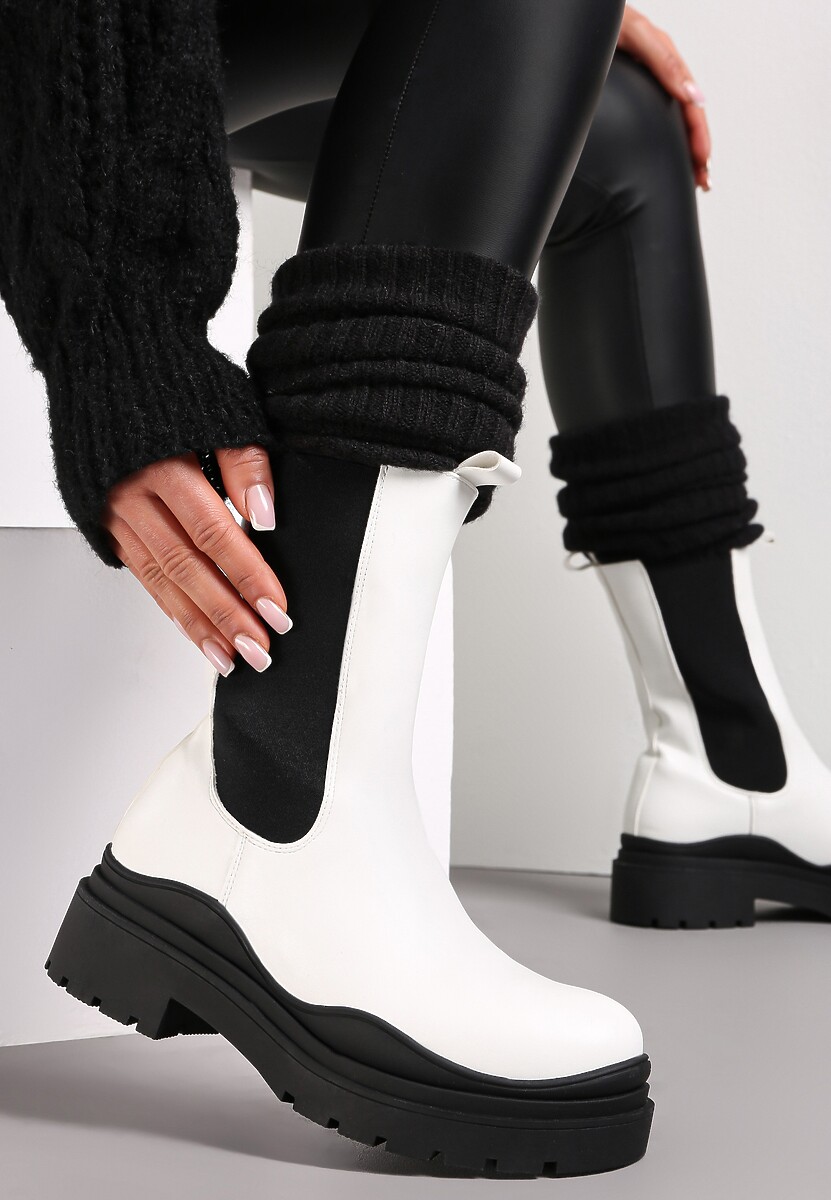 Białe Botki Sztyblety z Kolorowymi Wstawkami i Podeszwą Balke