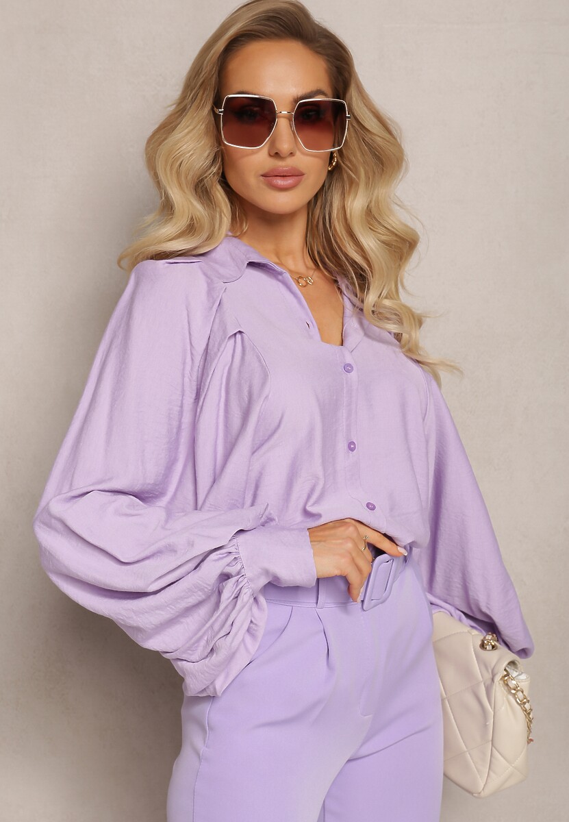 Fioletowa Gładka Koszula z Kołnierzem i Szerokimi Rękawami Ophila