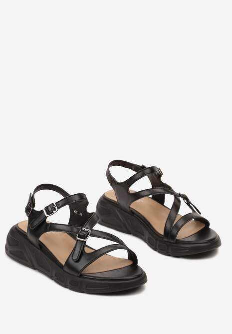 Czarne Sandały z Imitacji Skóry ze Sprzączką i Grubą Podeszwą Buildetta