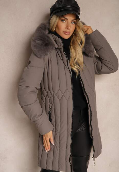 Ciemnoszara Pionowo Pikowana Kurtka z Kapturem z Futrzanym Wykończeniem i Wiązanym Paskiem Leozelle