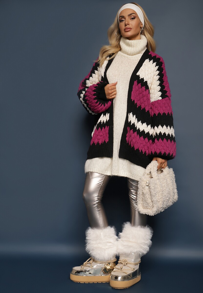 Fuksjowy Luźny Kardigan Niezapinany w Ozdobne Paski Adocca