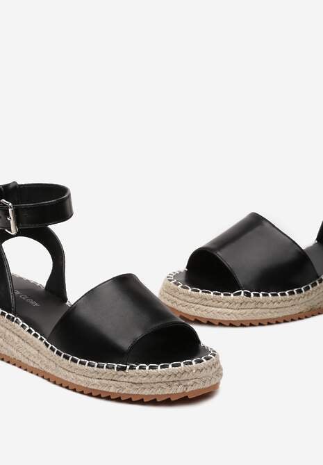 Czarne Sandały na Płaskim Obcasie z Plecionką i Paskiem ze Sprzączką Linrewa