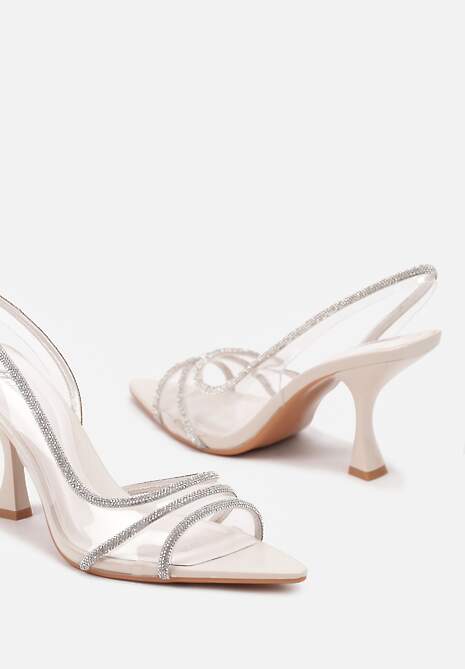 Beżowe Sandały z Noskiem w Szpic i Obcasem Klepsydra Zdobione Cyrkoniami Felionis