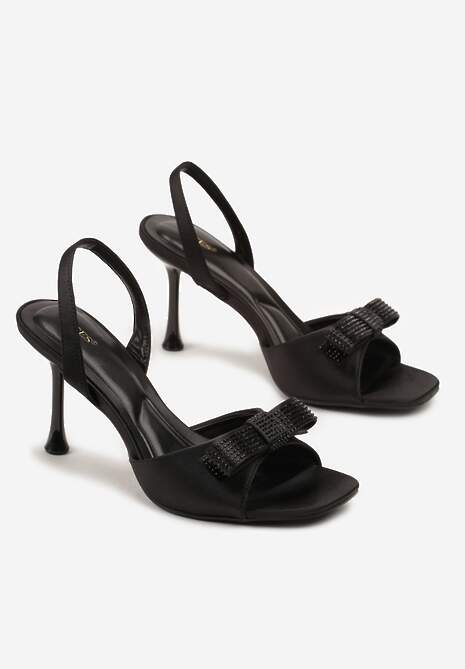 Czarne Sandały na Szpilce Vices Ozdobione Cyrkoniami i Kokardą Lumissea