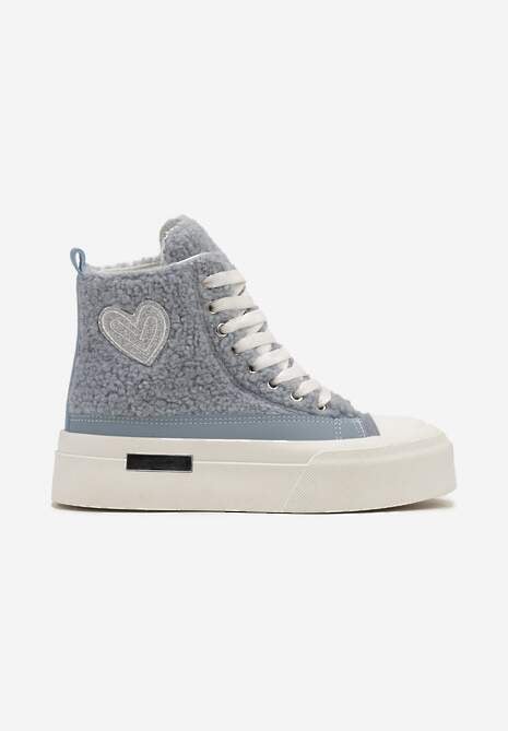 Niebieskie Futerkowe Trampki na Platformie z Ozdobną Naszywką w Kształcie Serca Aelinna