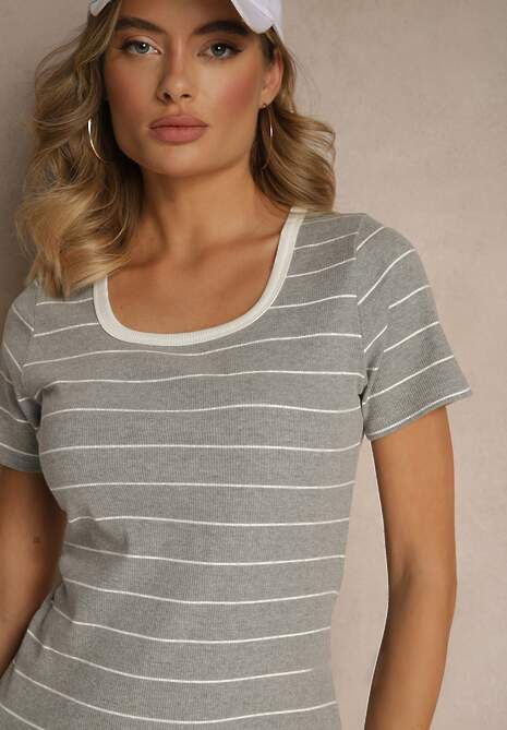 Jasnoszara Dopasowana Sukienka z Bawełny z Motywem Pasków Ralessa