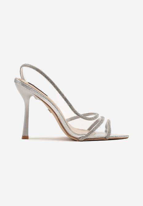 Srebrne Transparentne Sandały na Cienkiej Szpilce Ozdobione Cyrkoniami Glarra