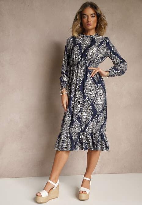 Niebieska Rozkloszowana Sukienka w Etniczny Print z Gumką w Talii i Falbanką Napirea