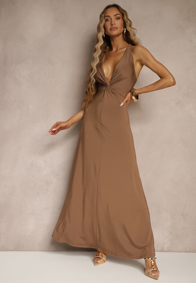 Brązowa Marszczona Sukienka z Wiskozą o Rozkloszowanym Fasonie Bez Rękawów Folonea