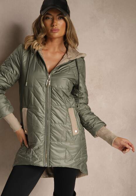 Zielona Kurtka z Pikowanymi Przeszyciami Kapturem i Dłuższym Tyłem Tuleina