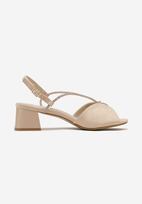 Beżowe Sandały na Niskim Słupku ze Skórzaną Wkładką Zdobione Paskami z Cyrkoniami Alerad
