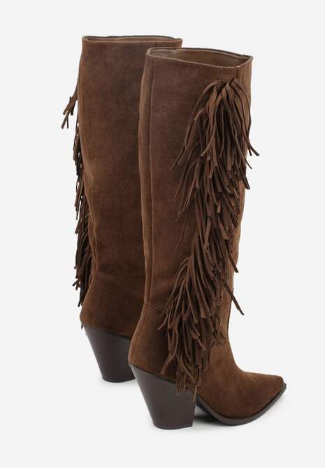 Brązowe Kozaki Kowbojki z Imitacji Zamszu z Frędzlami i Stożkowym Obcasem Rafilea