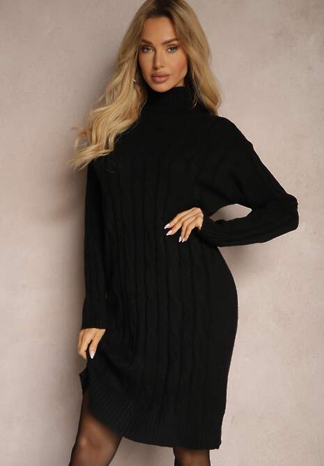 Czarna Sweterkowa Sukienka z Wełną Bawełną i Golfem o Pudełkowym Kroju z Ozdobnym Splotem Terevon