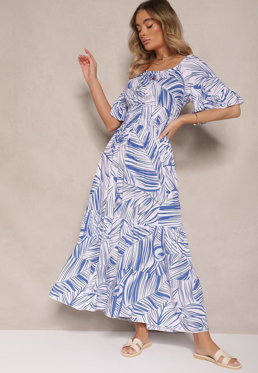 Niebieska Sukienka z Bawełny o Rozkloszowanym Kroju z Motywem Liści Aluielle