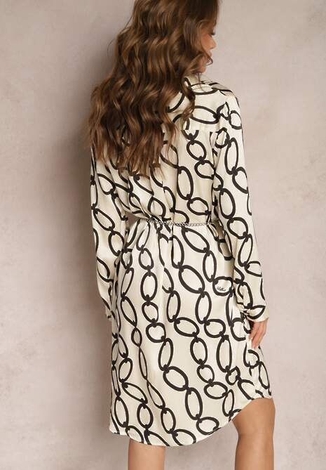 Jasnobeżowa Satynowa Sukienka Koszulowa w Geometryczny Print z Łańcuszkiem w Miejscu Paska Pastar