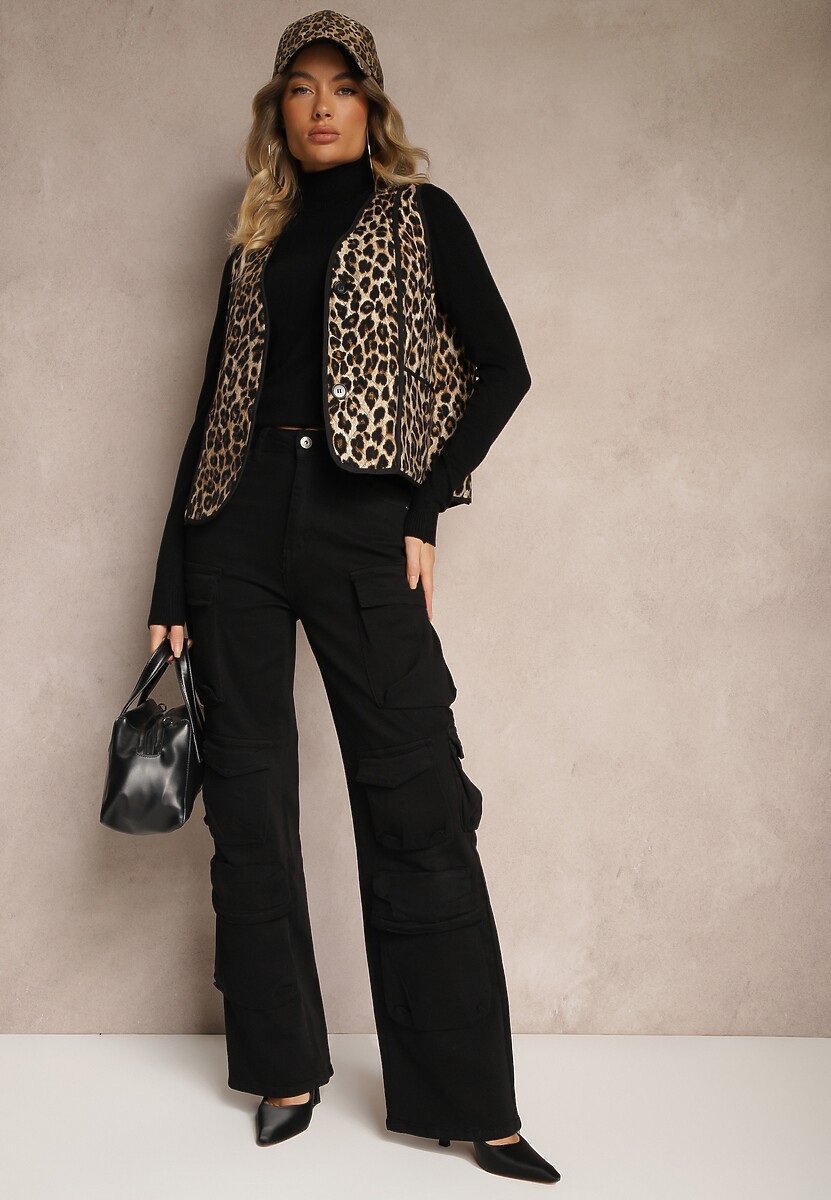 Brązowa Panterkowa Kamizelka z Wiskozą i Ozdobnymi Przeszyciami Rinnice