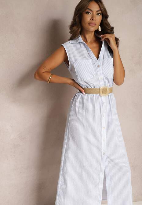 Niebieska Koszulowa Sukienka z Bawełny Bez Rękawów z Paskiem i Gumką w Talii Zalorea