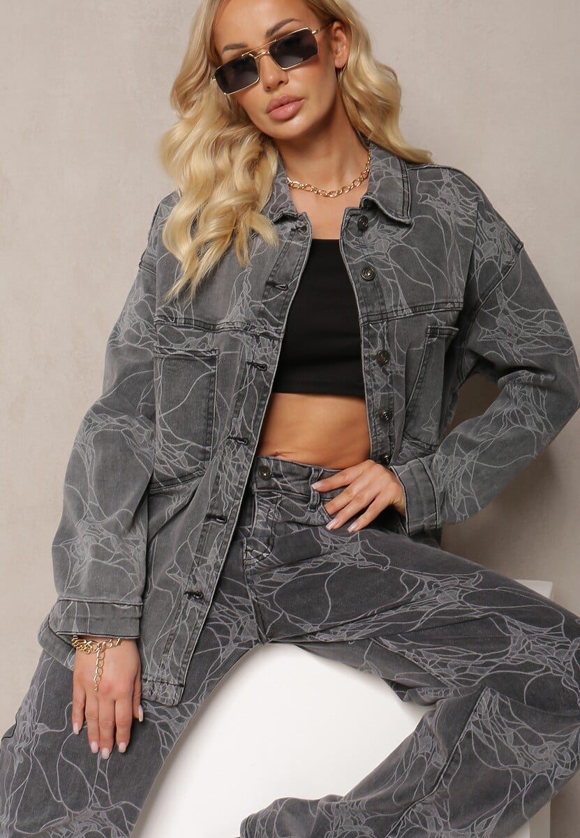 Ciemnoszare Jeansy z Bawełny High Waist Szerokie w Abstrakcyjny Wzór Orithiia