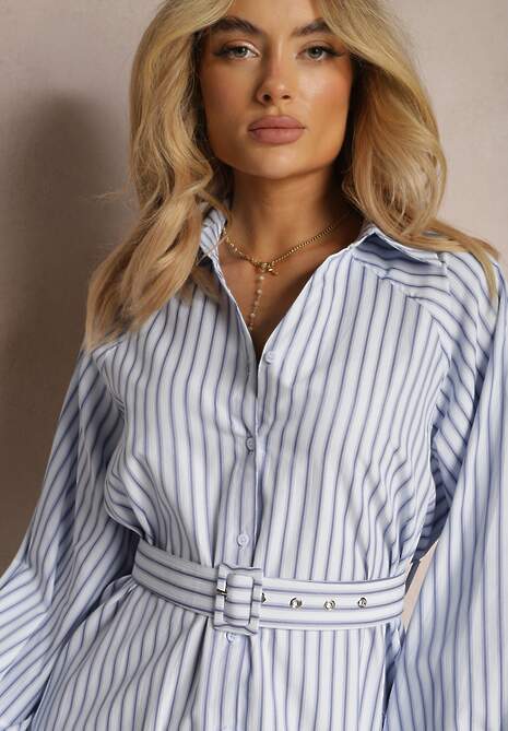 Niebiesko-Biała Taliowana Sukienka Koszulowa w Ozdobne Paski Lasenella