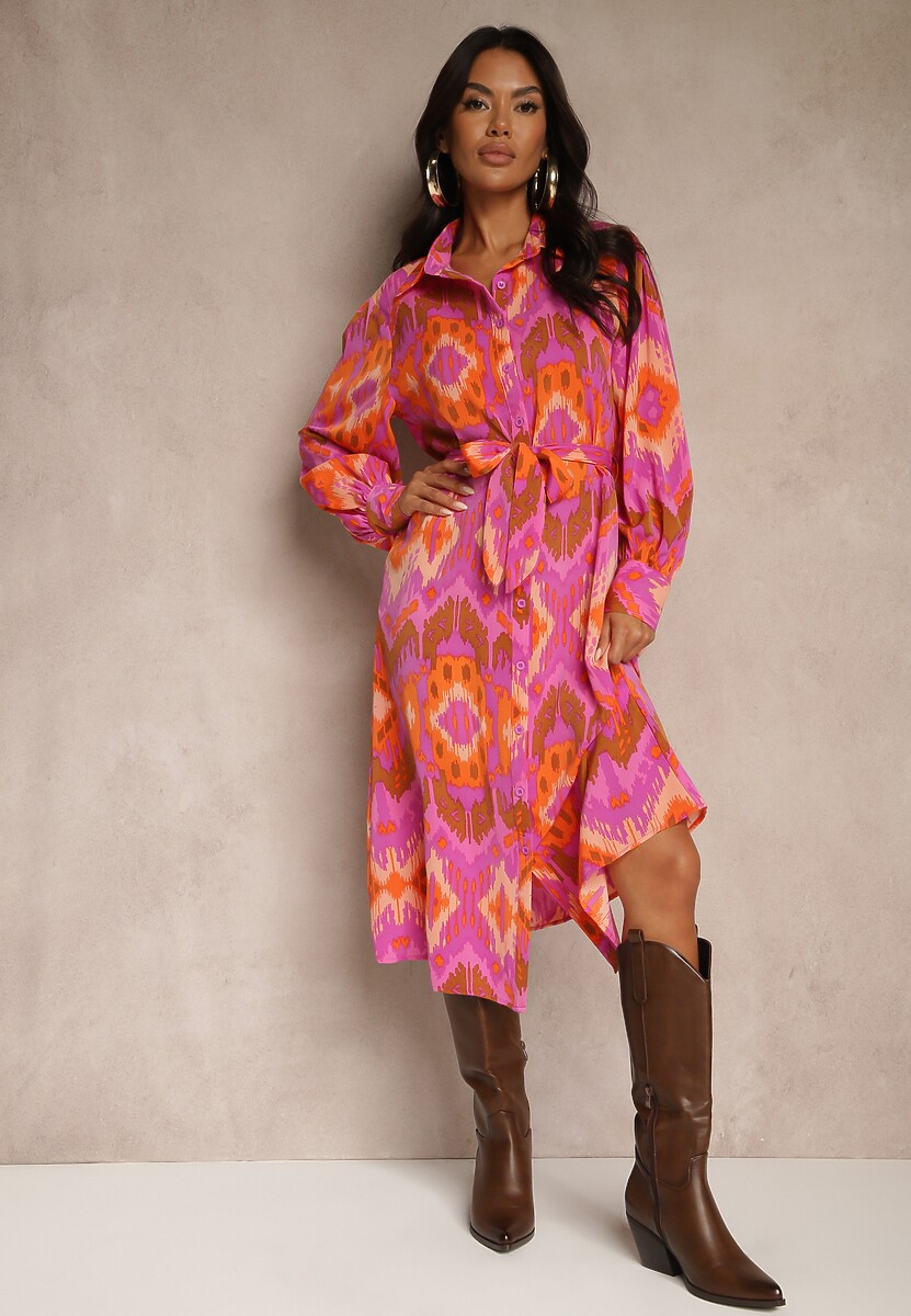 Niebiesko-Różowa Sukienka Midi o Koszulowym Fasonie Ozdobionym Wzorem w Stylu Etno Thailven