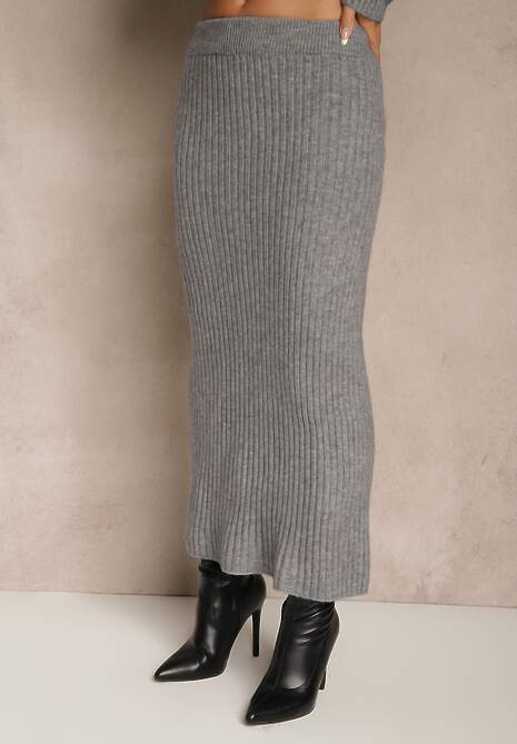 Szary Komplet z Dzianiny z Wełną w Prążki Golf i Ołówkowa Spódnica Falirea