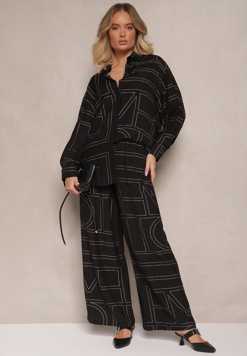 Beżowy Komplet z Wiskozy Zdobiony Geometrycznym Printem Koszula i Spodnie Hanovin