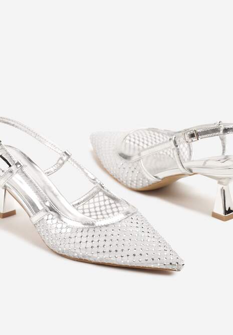 Srebrne Sandały na Kaczuszce Slingback z Siateczkową Cholewką i Cyrkoniami Velionna
