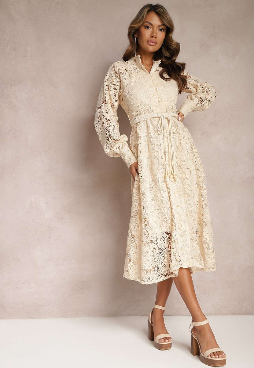 Jasnobeżowa Koronkowa Sukienka Midi z Ozdobnym Wiązaniem Camaela
