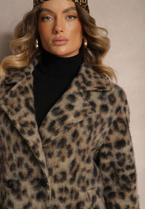 Beżowy Panterkowy Płaszcz Dwurzędowy z Wsuwanymi Kieszeniami Niarelith