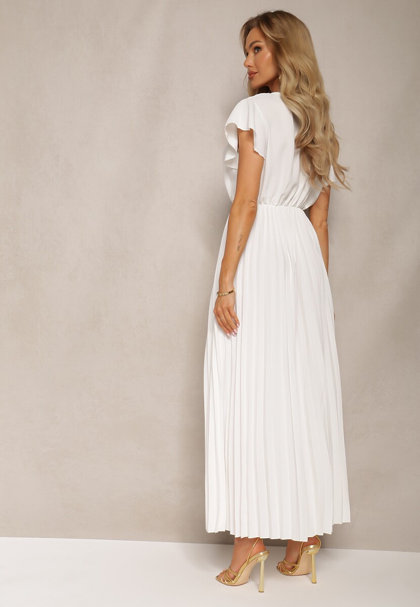 Biała Plisowana Sukienka Maxi o Rozkloszowanym Kroju z Kopertowym Dekoltem Ofilva