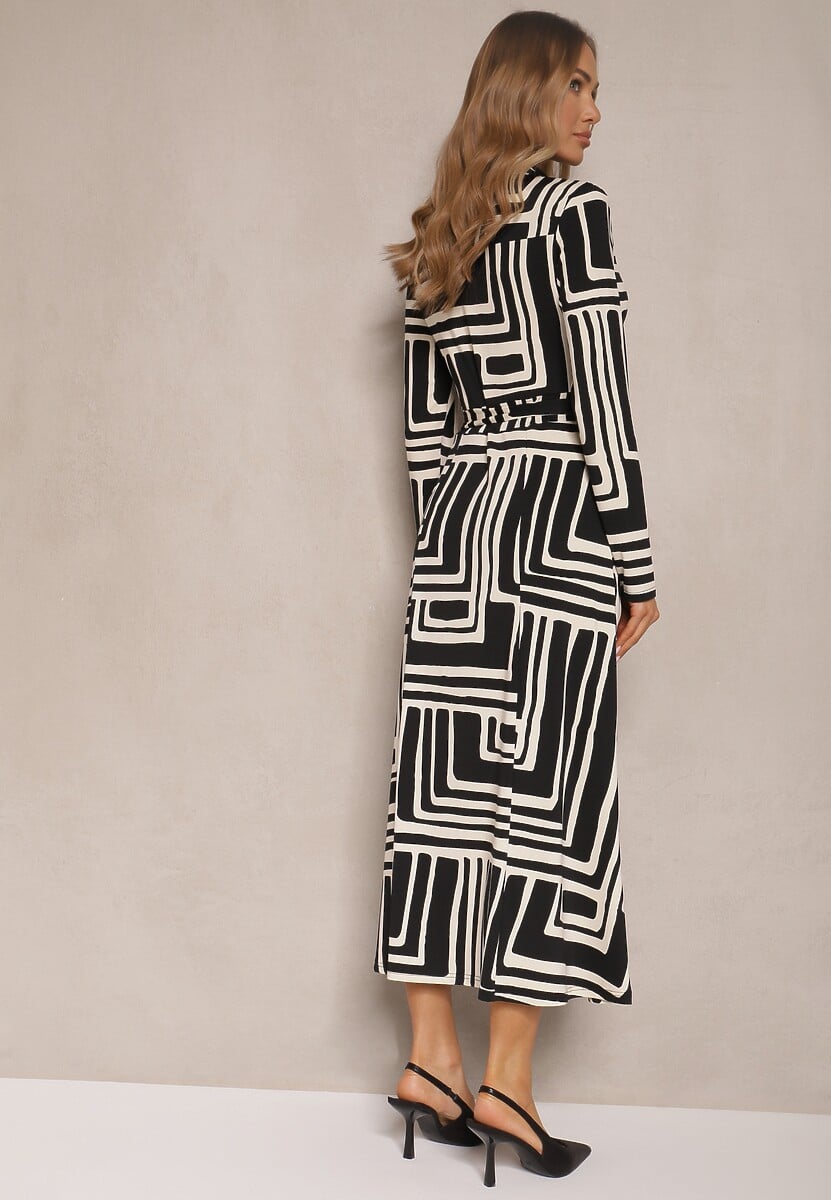 Czarna Sukienka z Wiskozą o Koszulowym Kroju z Wiązanym Paskiem Nimiessa