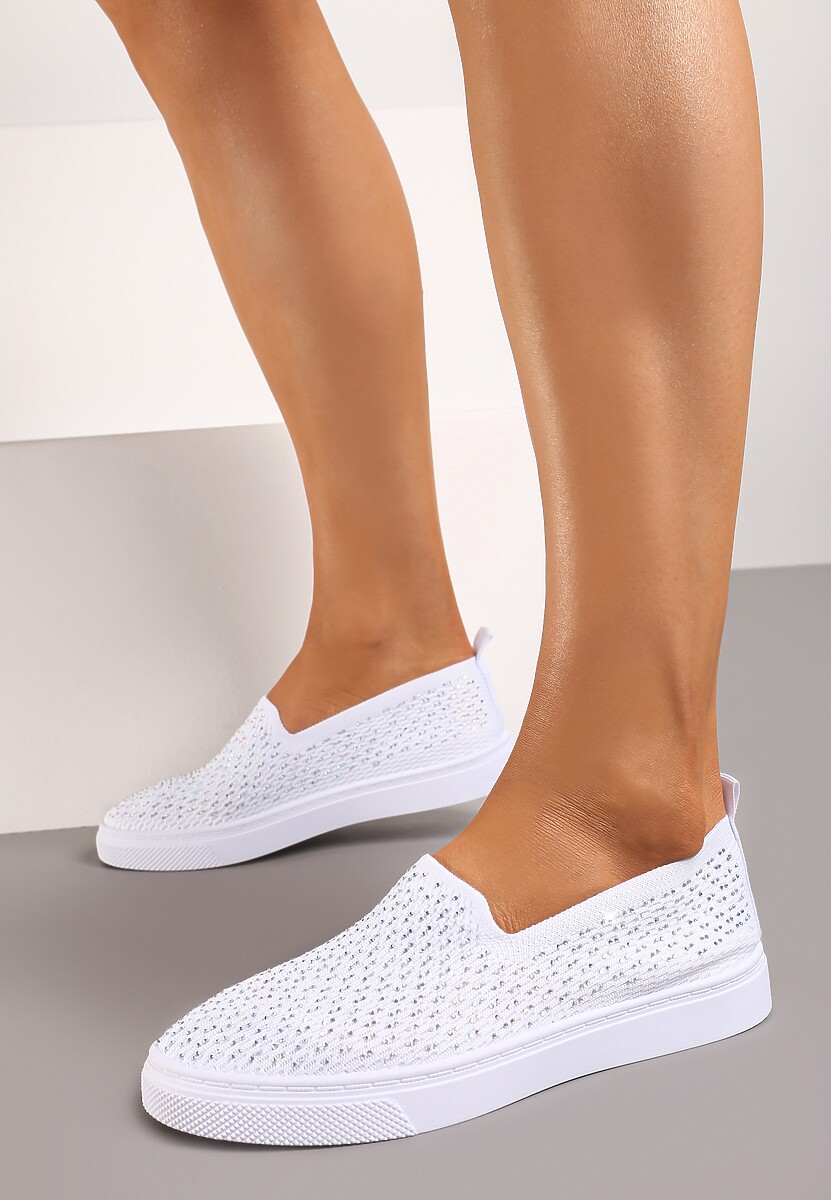 Białe Płaskie Tenisówki Zdobione Cyrkoniami Tiagata