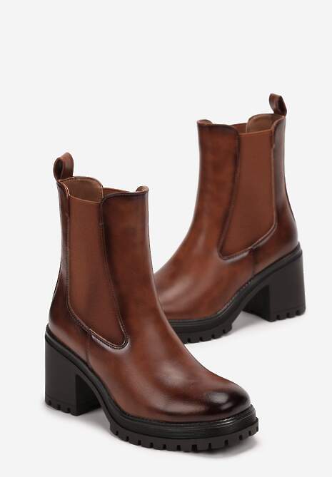 Brązowe Botki Sztyblety na Słupku z Elastyczną Wstawką Kennadia