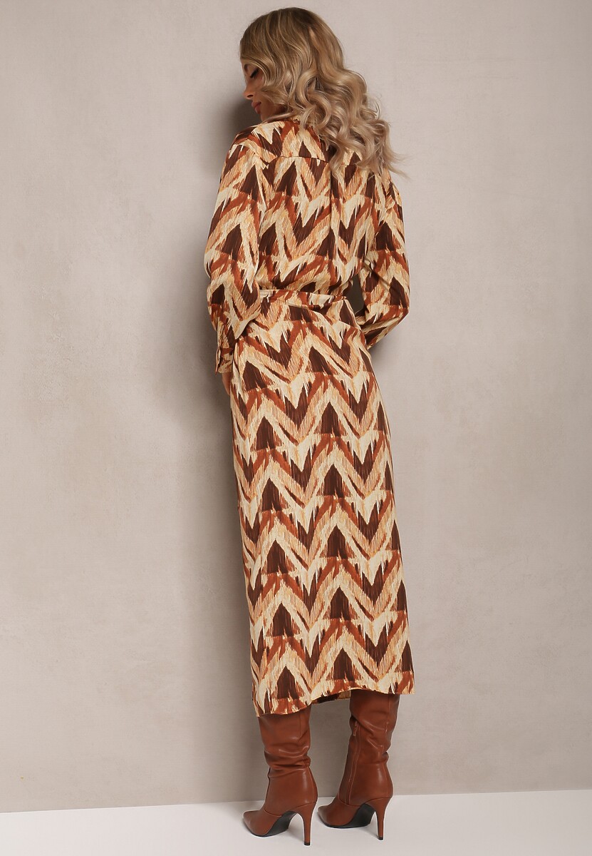 Beżowo-Brązowa Sukienka Kopertowa w Geometryczny Wzór Elavelle
