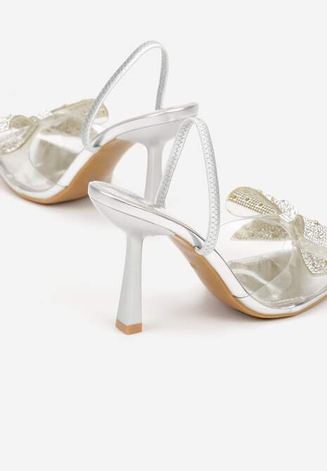 Srebrne Transparentne Sandały na Klepsydrowej Szpilce z Kokardą i Cyrkoniami Feralia