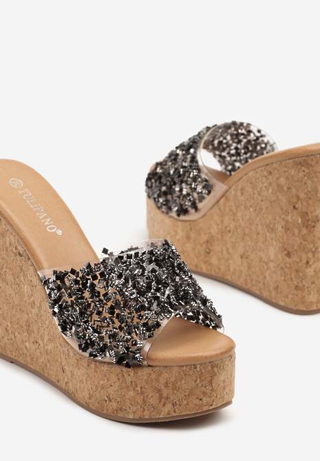 Czarne Cyrkoniowe Klapki w Stylu Drewniaków na Koturnie Tillorina