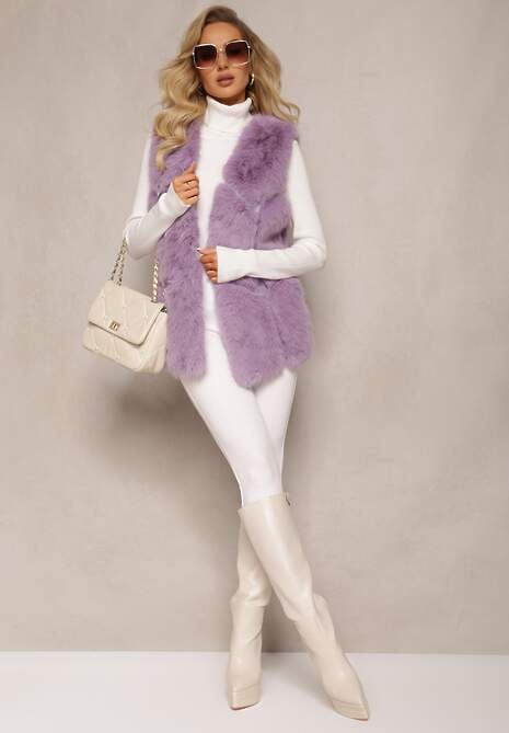 Fioletowa Futrzana Kamizelka z Wstawkami z Ekoskóry Lewja