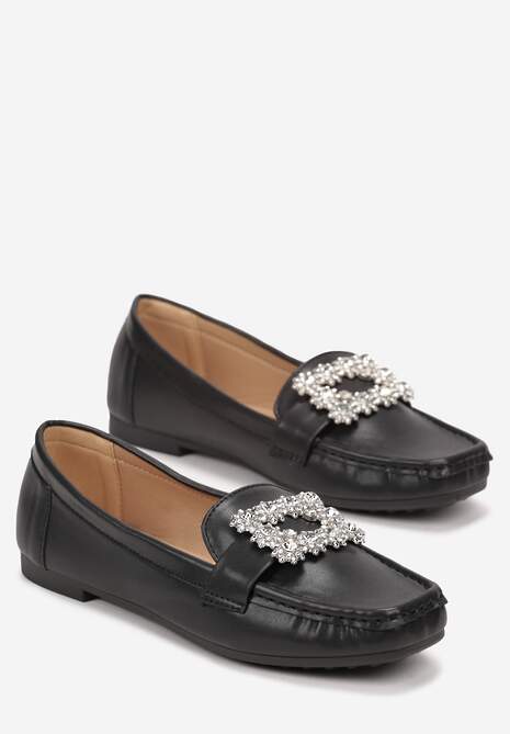 Czarne Płaskie Mokasyny z Kwadratowym Noskiem Ozdobionym Kryształkami Celeshta