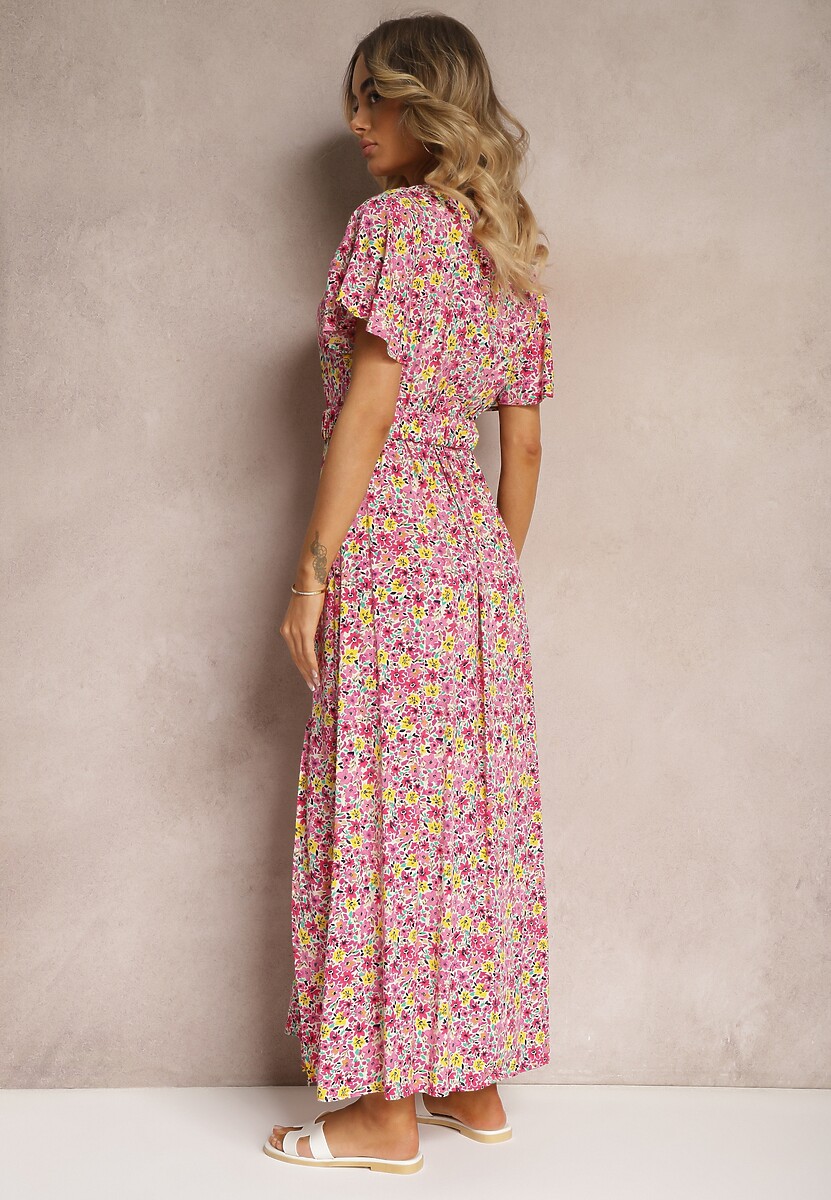 Różowa Kopertowa Sukienka z Wiskozy z Materiałowym Paskiem i Gumką w Talii z Rozcięciem Vikali