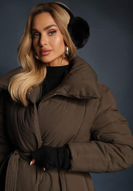 Ciemnozielona Długa Kurtka Pikowana Płaszcz z Paskiem Adellesstta