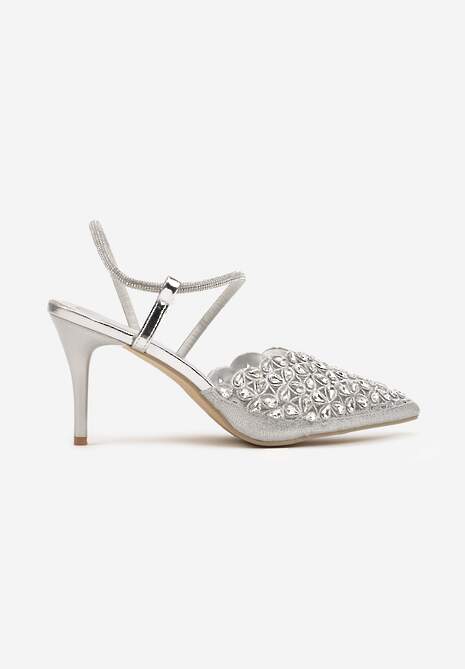 Srebrne Sandały na Szpilce Slingback z Cyrkoniami Dimte