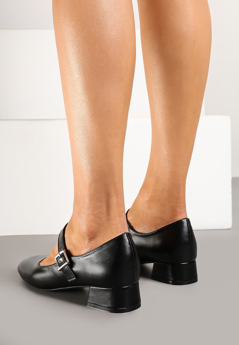 Czarne Klasyczne Czółenka Zdobione Paskiem i Sprzączką na Niskim Obcasie Vittia