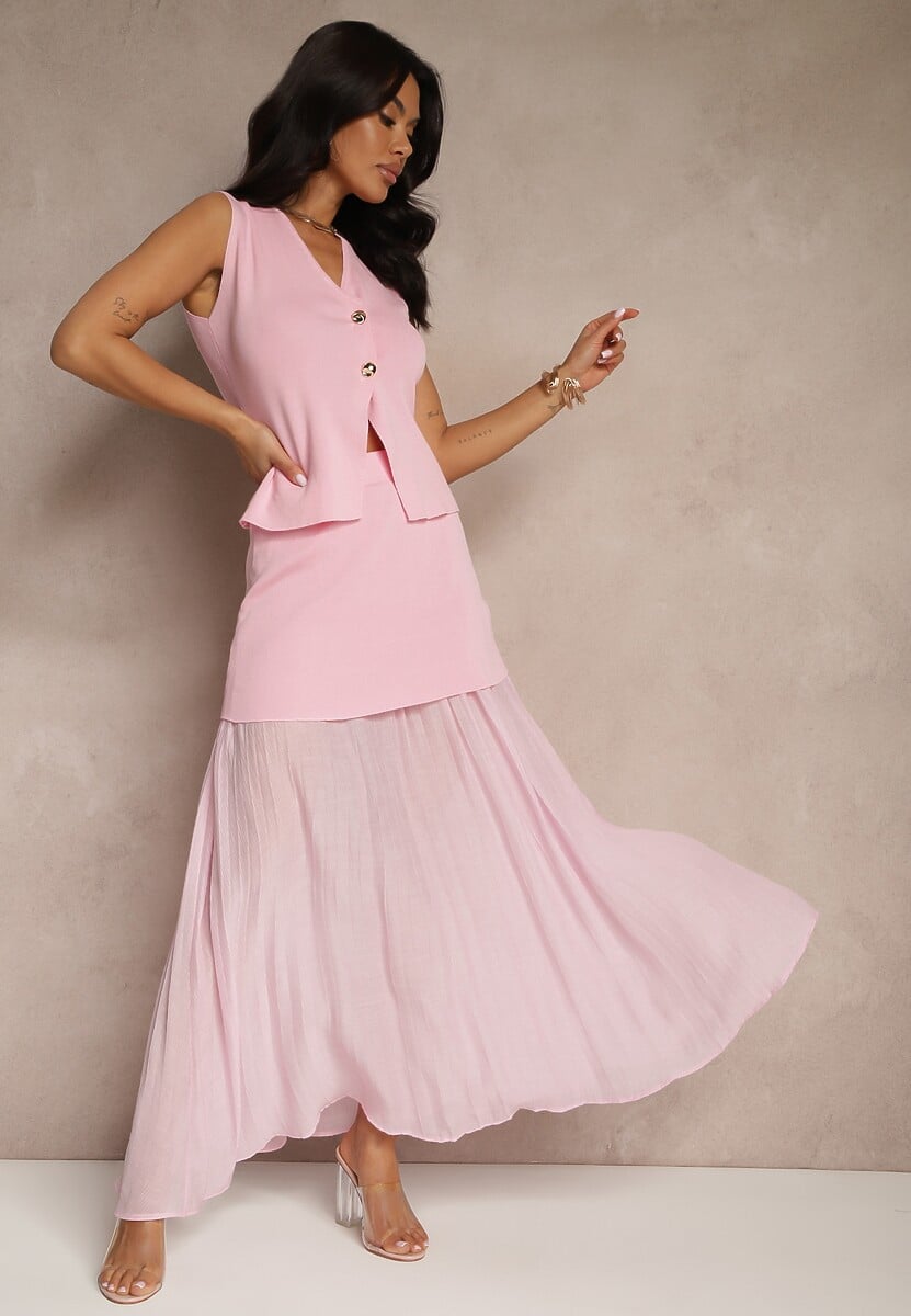 Różowy Elegancki Komplet Kamizelka i Rozkloszowana Spódnica Werani