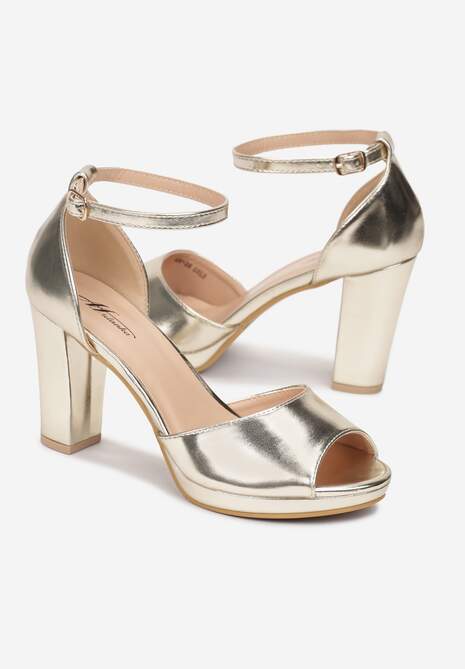 Złote Sandały na Słupkowym Obcasie ze Sprzączką przy Kostce Aridite