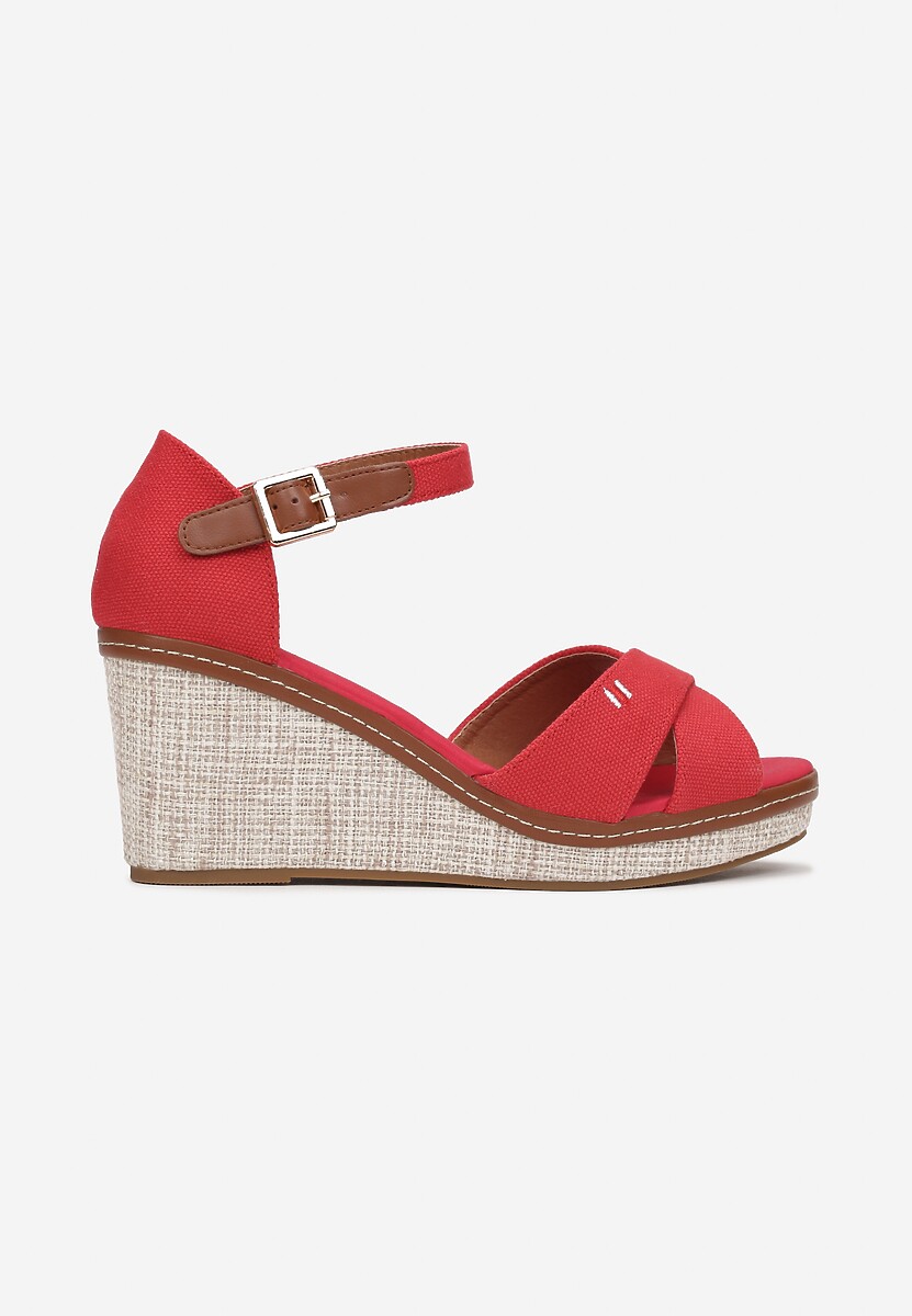 Czerwone Sandały na Plecionej Koturnie Lomatre