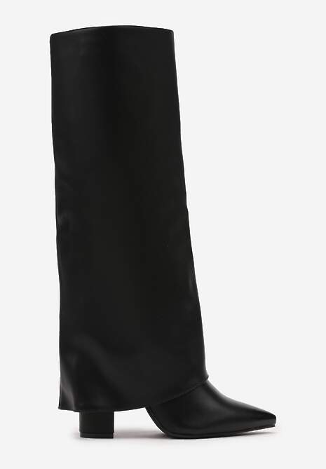 Czarne Kozaki na Słupku Ozdobione Wywiniętą Cholewką Heslia