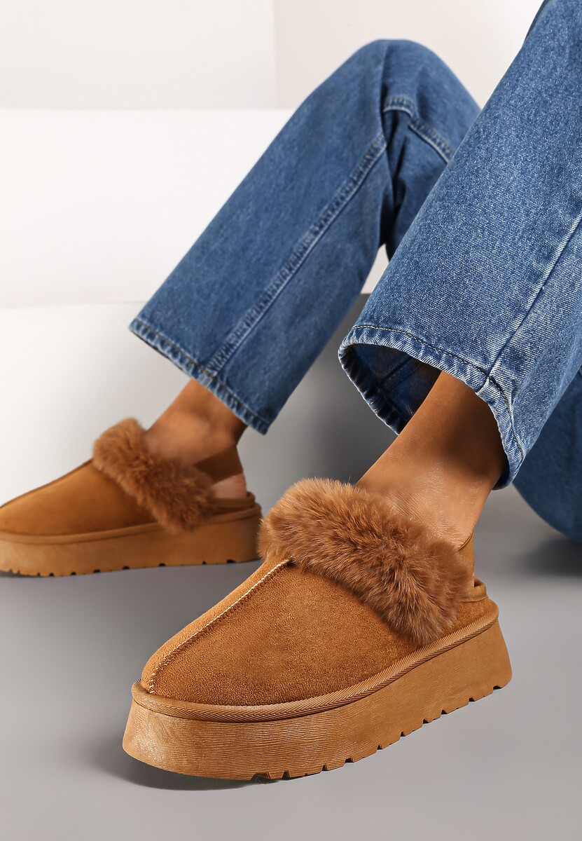 Brązowe Śniegowce z Ekozamszu na Platformie z Odkrytą Piętą i Futrzaną Wstawką Norwenna