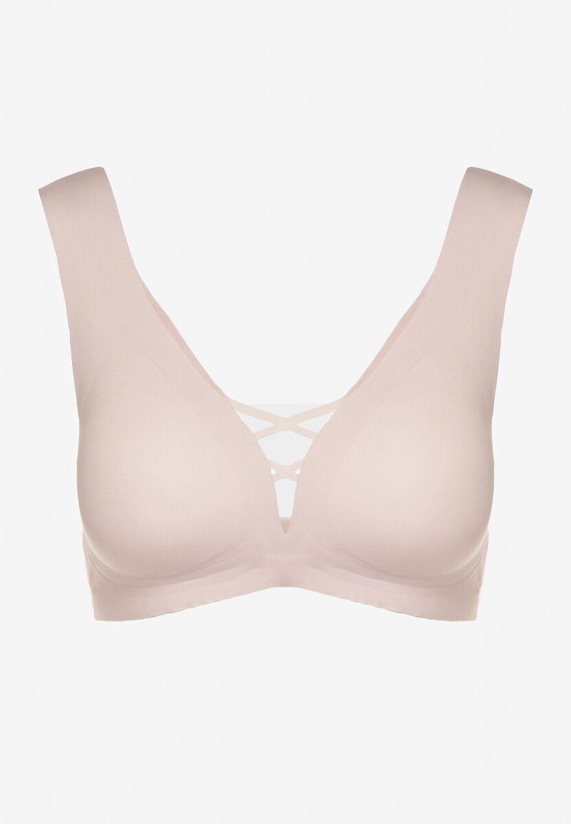 Jasnoróżowy Sportowy Biustonosz Zdobiony Siateczką i Gorsetową Aplikacją Salinalla