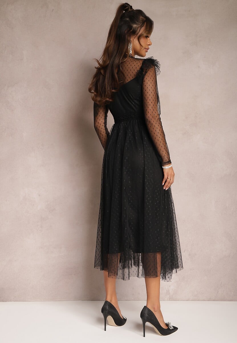 Czarna Sukienka z Koronką i Tiulem Welvia