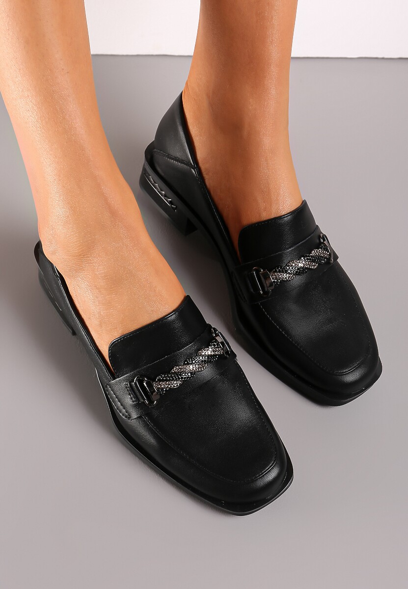 Czarne Półbuty na Niskim Słupku ze Skóry Naturalnej Iponna